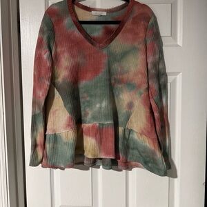 Tie-Dye V-Neck Peplum Long Sleeve Top - Multicolor